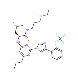 CCCc1cc(N[C@@H](CC(C)C)C(=O)NCCCOCC)nc(-n2cnc(-c3ccccc3OC(F)(F)F)c2)n1 ZINC000036143724