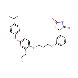 CCCc1cc(Oc2ccc(C(C)C)cc2)ccc1OCCCOc1cccc([C@@H]2SC(=O)NC2=O)c1 ZINC000012358484