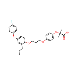 CCCc1cc(Oc2ccc(F)cc2)ccc1OCCCOc1ccc(OC(C)(C)C(=O)O)cc1 ZINC000028571312