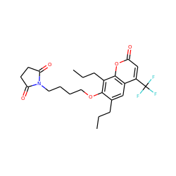 CCCc1cc2c(C(F)(F)F)cc(=O)oc2c(CCC)c1OCCCCN1C(=O)CCC1=O ZINC000116619954