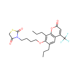 CCCc1cc2c(C(F)(F)F)cc(=O)oc2c(CCC)c1OCCCCN1C(=O)CSC1=O ZINC000299868474