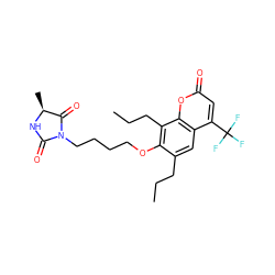 CCCc1cc2c(C(F)(F)F)cc(=O)oc2c(CCC)c1OCCCCN1C(=O)N[C@@H](C)C1=O ZINC000116614805