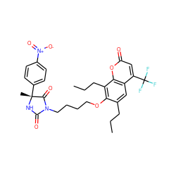 CCCc1cc2c(C(F)(F)F)cc(=O)oc2c(CCC)c1OCCCCN1C(=O)N[C@](C)(c2ccc([N+](=O)[O-])cc2)C1=O ZINC000116616100