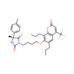 CCCc1cc2c(C(F)(F)F)cc(=O)oc2c(CCC)c1OCCCCN1C(=O)N[C@](C)(c2ccc(C)cc2)C1=O ZINC000116616193