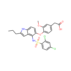 CCCc1cc2c(NS(=O)(=O)c3ccc(Cl)cc3Cl)c(Oc3ccc(CC(=O)O)cc3OC)ccc2[nH]1 ZINC000169348400