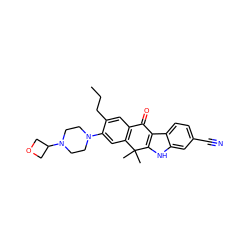 CCCc1cc2c(cc1N1CCN(C3COC3)CC1)C(C)(C)c1[nH]c3cc(C#N)ccc3c1C2=O ZINC000072178796