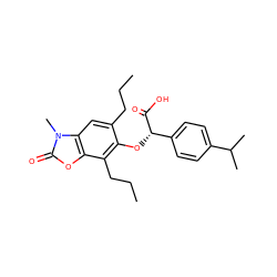 CCCc1cc2c(oc(=O)n2C)c(CCC)c1O[C@H](C(=O)O)c1ccc(C(C)C)cc1 ZINC000012358590