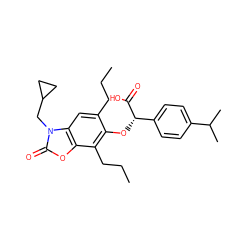 CCCc1cc2c(oc(=O)n2CC2CC2)c(CCC)c1O[C@H](C(=O)O)c1ccc(C(C)C)cc1 ZINC000012358593