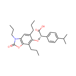 CCCc1cc2c(oc(=O)n2CCC)c(CCC)c1O[C@H](C(=O)O)c1ccc(C(C)C)cc1 ZINC000012358591