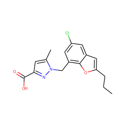 CCCc1cc2cc(Cl)cc(Cn3nc(C(=O)O)cc3C)c2o1 ZINC000073169446