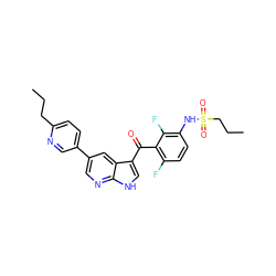 CCCc1ccc(-c2cnc3[nH]cc(C(=O)c4c(F)ccc(NS(=O)(=O)CCC)c4F)c3c2)cn1 ZINC000113506493