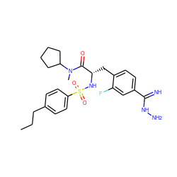 CCCc1ccc(S(=O)(=O)N[C@@H](Cc2ccc(C(=N)NN)cc2F)C(=O)N(C)C2CCCC2)cc1 ZINC000026501140