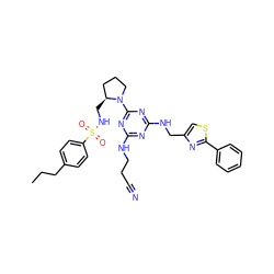 CCCc1ccc(S(=O)(=O)NC[C@H]2CCCN2c2nc(NCCC#N)nc(NCc3csc(-c4ccccc4)n3)n2)cc1 ZINC000095556432