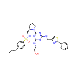 CCCc1ccc(S(=O)(=O)NC[C@H]2CCCN2c2nc(NCCO)nc(NCc3csc(-c4ccccc4)n3)n2)cc1 ZINC000095554439