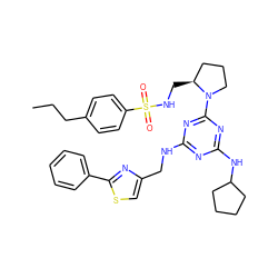 CCCc1ccc(S(=O)(=O)NC[C@H]2CCCN2c2nc(NCc3csc(-c4ccccc4)n3)nc(NC3CCCC3)n2)cc1 ZINC000095553940