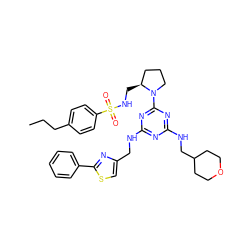 CCCc1ccc(S(=O)(=O)NC[C@H]2CCCN2c2nc(NCc3csc(-c4ccccc4)n3)nc(NCC3CCOCC3)n2)cc1 ZINC000095552099