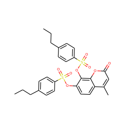 CCCc1ccc(S(=O)(=O)Oc2ccc3c(C)cc(=O)oc3c2OS(=O)(=O)c2ccc(CCC)cc2)cc1 ZINC001772650880