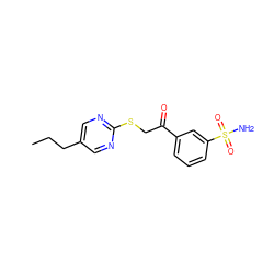 CCCc1cnc(SCC(=O)c2cccc(S(N)(=O)=O)c2)nc1 ZINC000096940228