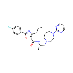 CCCc1nc(-c2ccc(F)cc2)oc1C(=O)N[C@@H](C)CN1CCCN(c2ncccn2)CC1 ZINC000045358179