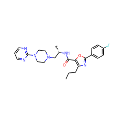 CCCc1nc(-c2ccc(F)cc2)oc1C(=O)N[C@@H](C)CN1CCN(c2ncccn2)CC1 ZINC000045385330