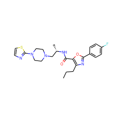 CCCc1nc(-c2ccc(F)cc2)oc1C(=O)N[C@@H](C)CN1CCN(c2nccs2)CC1 ZINC000034987758