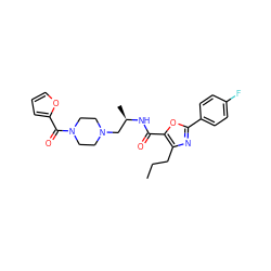 CCCc1nc(-c2ccc(F)cc2)oc1C(=O)N[C@H](C)CN1CCN(C(=O)c2ccco2)CC1 ZINC000034987762