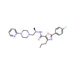 CCCc1nc(-c2ccc(F)cc2)oc1C(=O)N[C@H](C)CN1CCN(c2ccccn2)CC1 ZINC000034987764