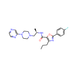 CCCc1nc(-c2ccc(F)cc2)oc1C(=O)N[C@H](C)CN1CCN(c2cnccn2)CC1 ZINC000034987765