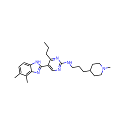 CCCc1nc(NCCCC2CCN(C)CC2)ncc1-c1nc2c(C)c(C)ccc2[nH]1 ZINC000138993685