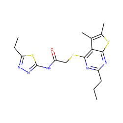 CCCc1nc(SCC(=O)Nc2nnc(CC)s2)c2c(C)c(C)sc2n1 ZINC000004241112