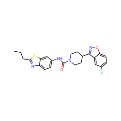 CCCc1nc2ccc(NC(=O)N3CCC(c4noc5ccc(F)cc45)CC3)cc2s1 ZINC000225015228