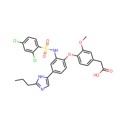 CCCc1ncc(-c2ccc(Oc3ccc(CC(=O)O)cc3OC)c(NS(=O)(=O)c3ccc(Cl)cc3Cl)c2)[nH]1 ZINC000073197656