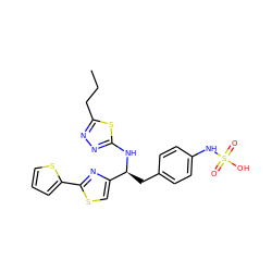 CCCc1nnc(N[C@@H](Cc2ccc(NS(=O)(=O)O)cc2)c2csc(-c3cccs3)n2)s1 ZINC000113898043