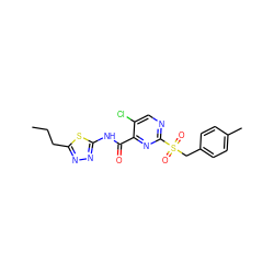 CCCc1nnc(NC(=O)c2nc(S(=O)(=O)Cc3ccc(C)cc3)ncc2Cl)s1 ZINC000008613828