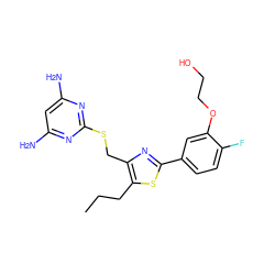 CCCc1sc(-c2ccc(F)c(OCCO)c2)nc1CSc1nc(N)cc(N)n1 ZINC000096283903