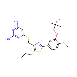 CCCc1sc(-c2ccc(OC)c(OCC(C)(C)O)c2)nc1CSc1cc(N)nc(N)n1 ZINC000224698309