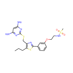 CCCc1sc(-c2cccc(OCCNS(C)(=O)=O)c2)nc1CSc1nc(N)cc(N)n1 ZINC000096283901