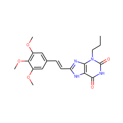 CCCn1c(=O)[nH]c(=O)c2[nH]c(/C=C/c3cc(OC)c(OC)c(OC)c3)nc21 ZINC000012405398