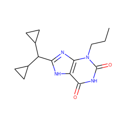 CCCn1c(=O)[nH]c(=O)c2[nH]c(C(C3CC3)C3CC3)nc21 ZINC000012405429