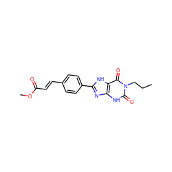 CCCn1c(=O)[nH]c2nc(-c3ccc(/C=C/C(=O)OC)cc3)[nH]c2c1=O ZINC000013472999