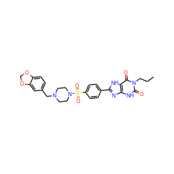 CCCn1c(=O)[nH]c2nc(-c3ccc(S(=O)(=O)N4CCN(Cc5ccc6c(c5)OCO6)CC4)cc3)[nH]c2c1=O ZINC000049877894