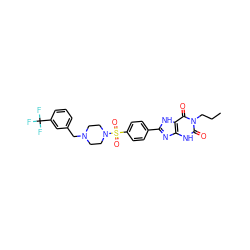 CCCn1c(=O)[nH]c2nc(-c3ccc(S(=O)(=O)N4CCN(Cc5cccc(C(F)(F)F)c5)CC4)cc3)[nH]c2c1=O ZINC000049877708