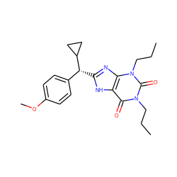 CCCn1c(=O)c2[nH]c([C@H](c3ccc(OC)cc3)C3CC3)nc2n(CCC)c1=O ZINC000013861087