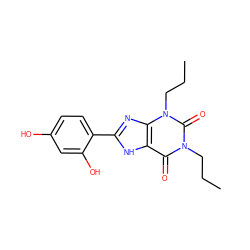 CCCn1c(=O)c2[nH]c(-c3ccc(O)cc3O)nc2n(CCC)c1=O ZINC000013473636