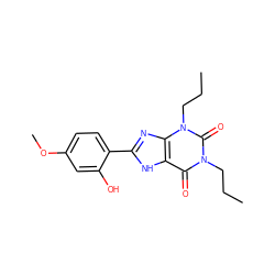 CCCn1c(=O)c2[nH]c(-c3ccc(OC)cc3O)nc2n(CCC)c1=O ZINC000013473638