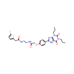 CCCn1c(=O)c2[nH]c(-c3ccc(OCC(=O)NCCNC(=O)Cc4ccc(I)s4)cc3)nc2n(CCC)c1=O ZINC000029550085