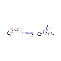 CCCn1c(=O)c2[nH]c(-c3ccc(OCC(=O)NCCNCCSSC(=O)CCC(=O)ON4C(=O)CCC4=O)cc3)nc2n(CCC)c1=O ZINC000058482397