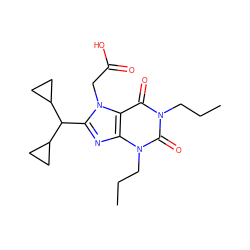 CCCn1c(=O)c2c(nc(C(C3CC3)C3CC3)n2CC(=O)O)n(CCC)c1=O ZINC000013861099