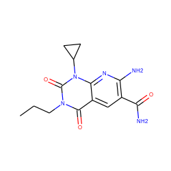 CCCn1c(=O)c2cc(C(N)=O)c(N)nc2n(C2CC2)c1=O ZINC000299829603