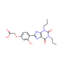 CCCn1c(=O)c2nc(-c3ccc(OCC(=O)O)cc3O)[nH]c2n(CCC)c1=O ZINC000013473642